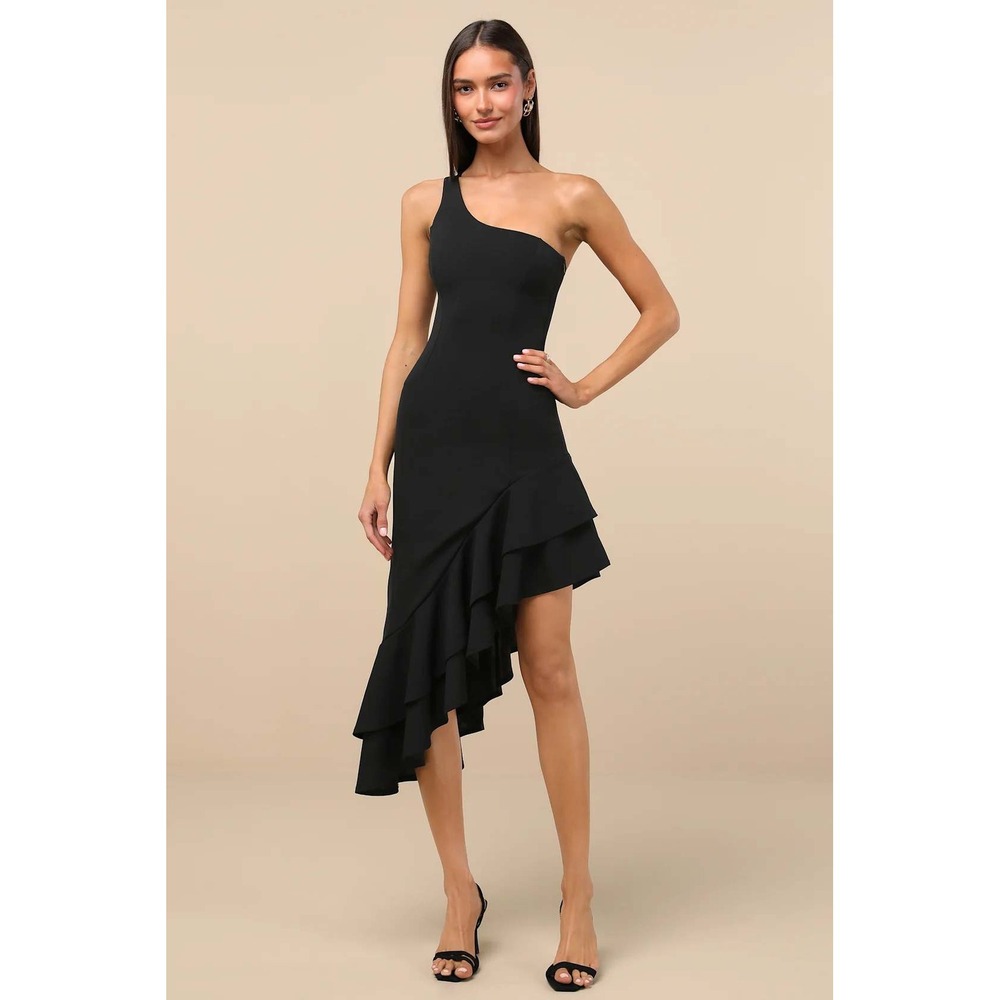 Lulus Steal a Glance Black One-Shoulder Asymmetrical‎ Midi Dress Large NWT